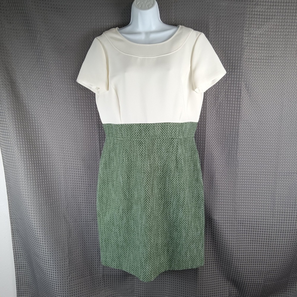 Alex Marie Women's Sheath Dress Size 12 White Top Green Knit Skirt Short Sleeve